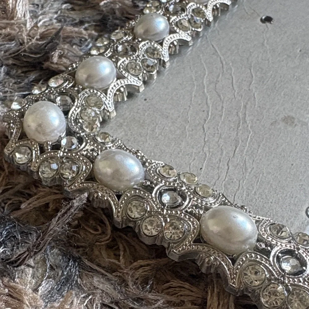 Pearl & Rhinestone Silver Photo Frame, Black Leather-Look family Photo Frame 5x7